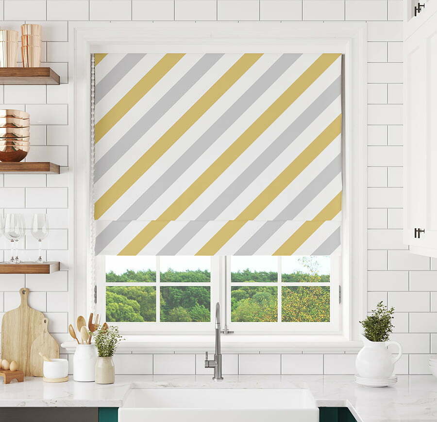 Pattern Blinds on Window Above Sink