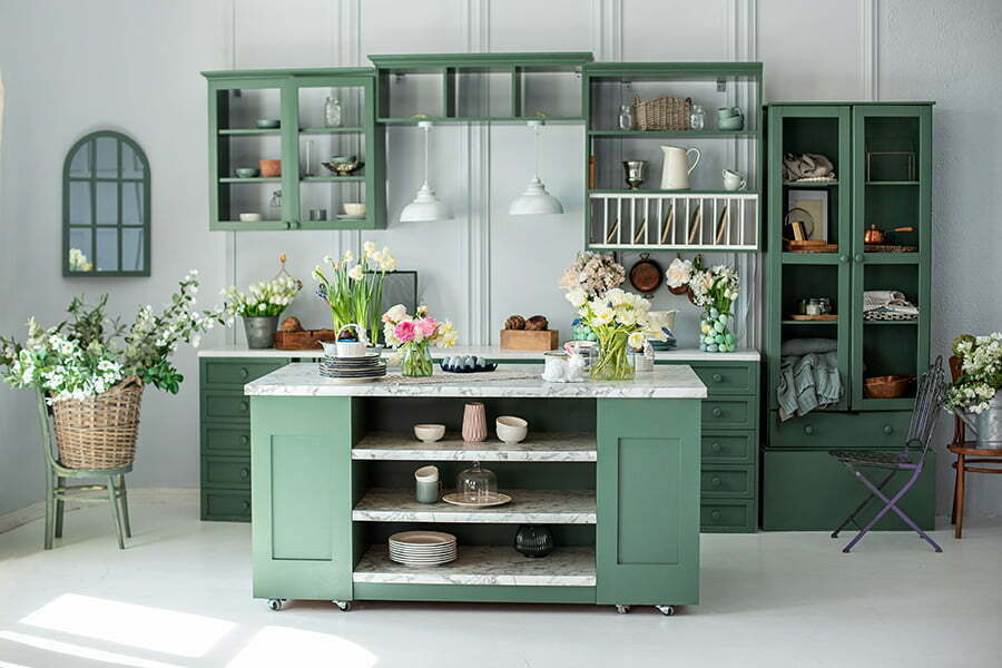 Sage Green painted kitchen cabinet