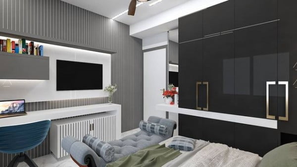 Grey Theme Bedroom with TV Unit and Study Table bedroom tv wall
