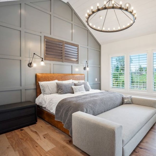Trendy Accent Wall with Beautiful Hardwood bedroom with accent wall