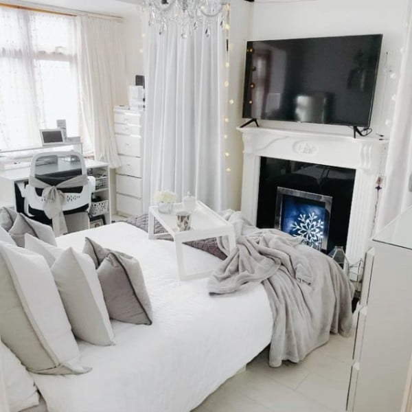 All White Bedroom Transformation bedroom with desk
