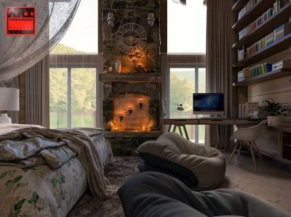 Wooden bedroom interior with stone false fireplace. bedroom with fireplace