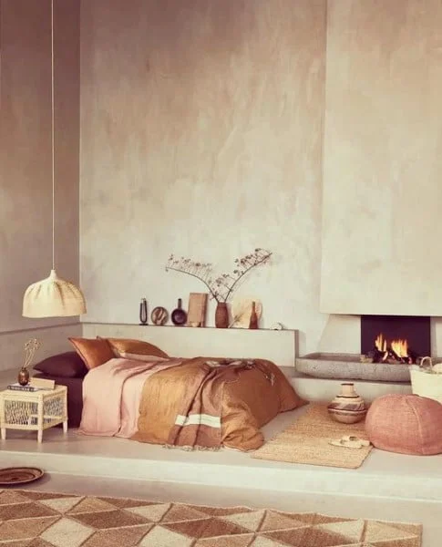 The Organic Home bedroom with fireplace
