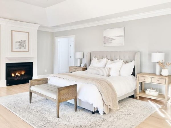Rachel Moore 👡 save or splurge 👜Style Influencer bedroom with fireplace