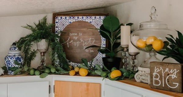 Tropical Bright Colors decor above kitchen cabinet