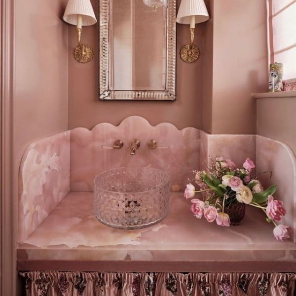 Sprayed Gloss Walls + Matching Woodwork pink powder room
