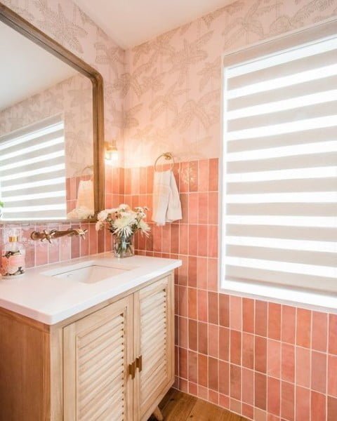 Pink Tile and Wallpaper Combo pink powder room