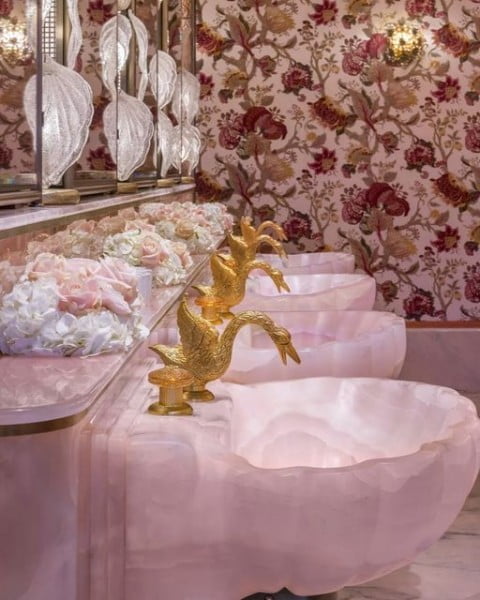 Floral-Adorned Ladies' Powder Room pink powder room
