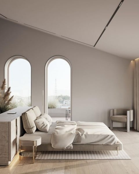 Bedroom for Podil Apartment in grey and beige tones bedroom with grey walls