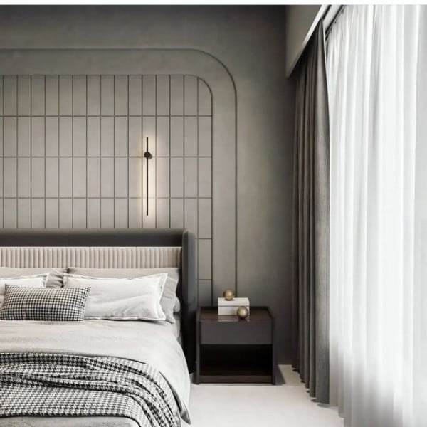 Modern Swiss Chalet Interior Design bedroom with grey walls