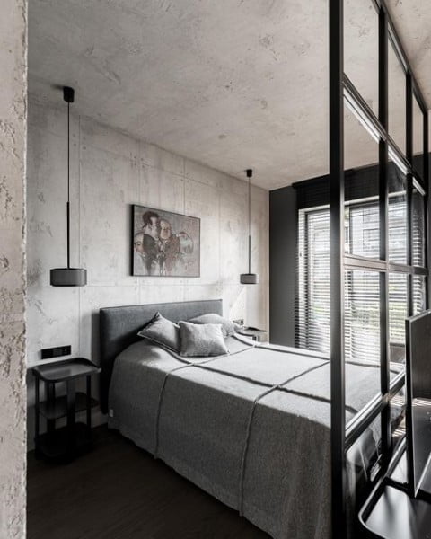 Industrial Bedroom Interior in Vilnius, Lithuania bedroom with grey walls