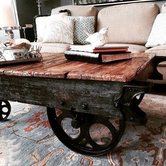 Industrial Coffee Table with Wheels movable coffee table
