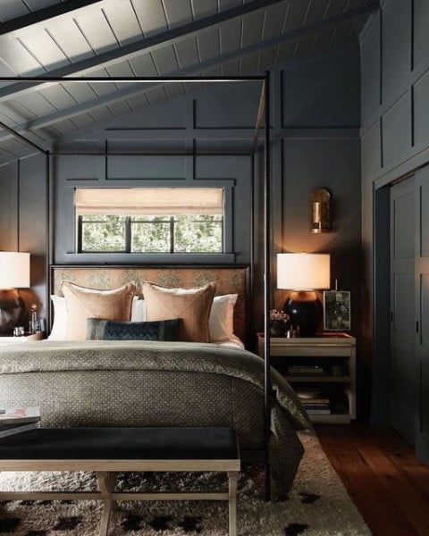 Moody Bedroom with Upholstered Headboard Canopy Bed bedroom with canopy bed