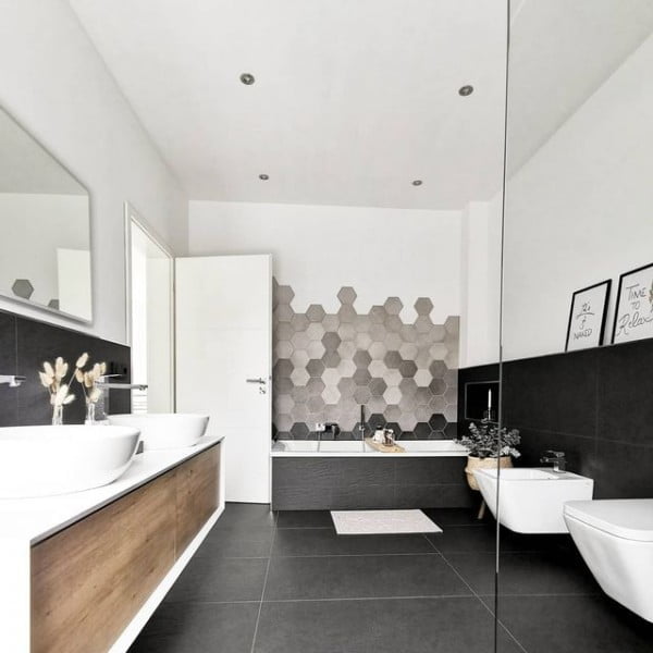 Black and White Hexagon Tiles black bathroom floor