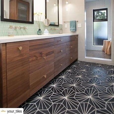 Walnut Vanity Cabinets with Fun and Cool Floor Tile black bathroom floor