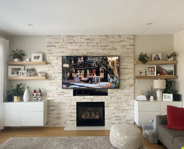 White Oak Shelves Transform Living Room mantel decor with tv