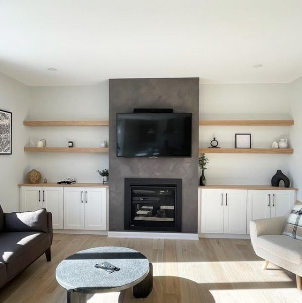 White Oak/White Cabinet Mantel Decor mantel decor with tv