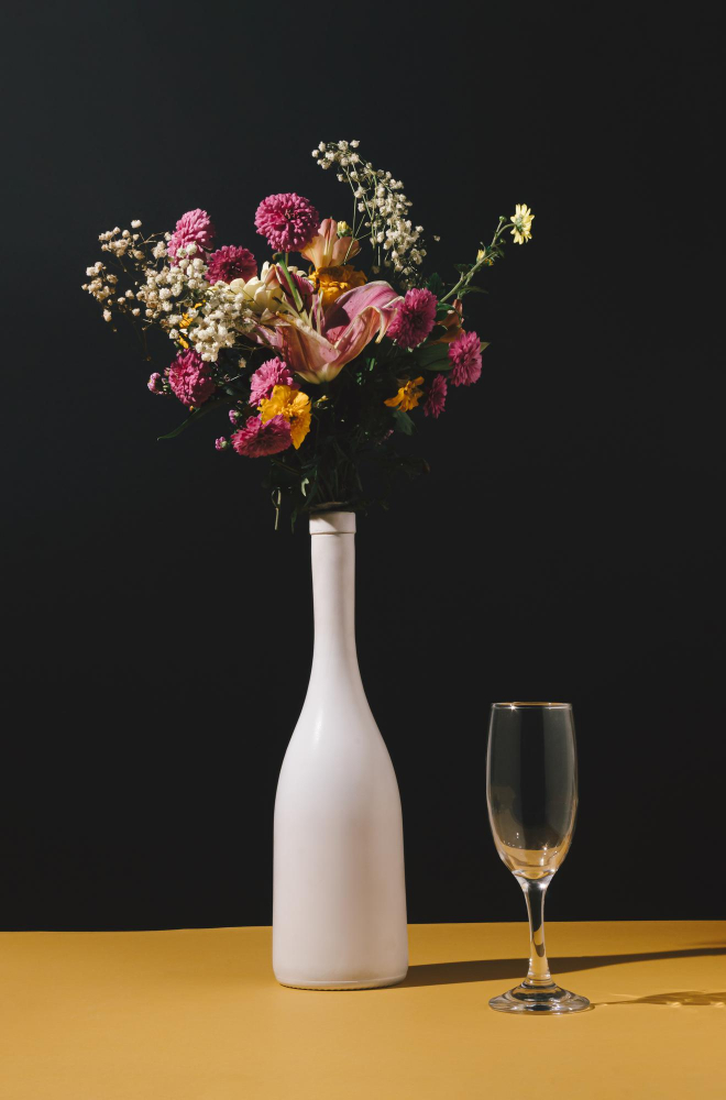 empty wine as flower vase