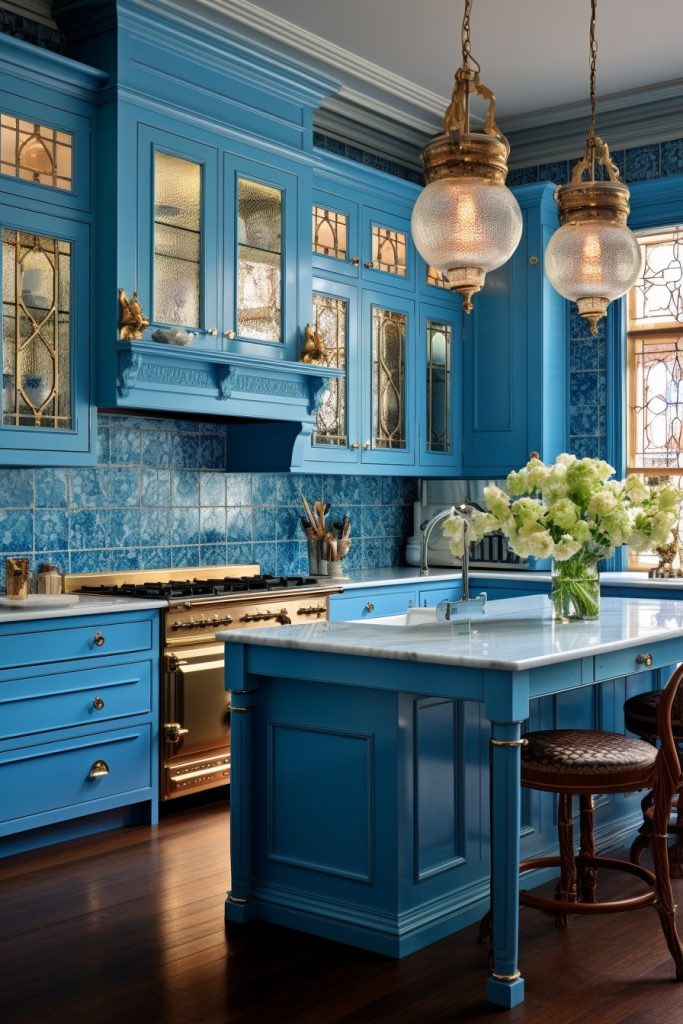 A Fun Mix of Blues Blue Kitchen Cabinets --ar 2:3