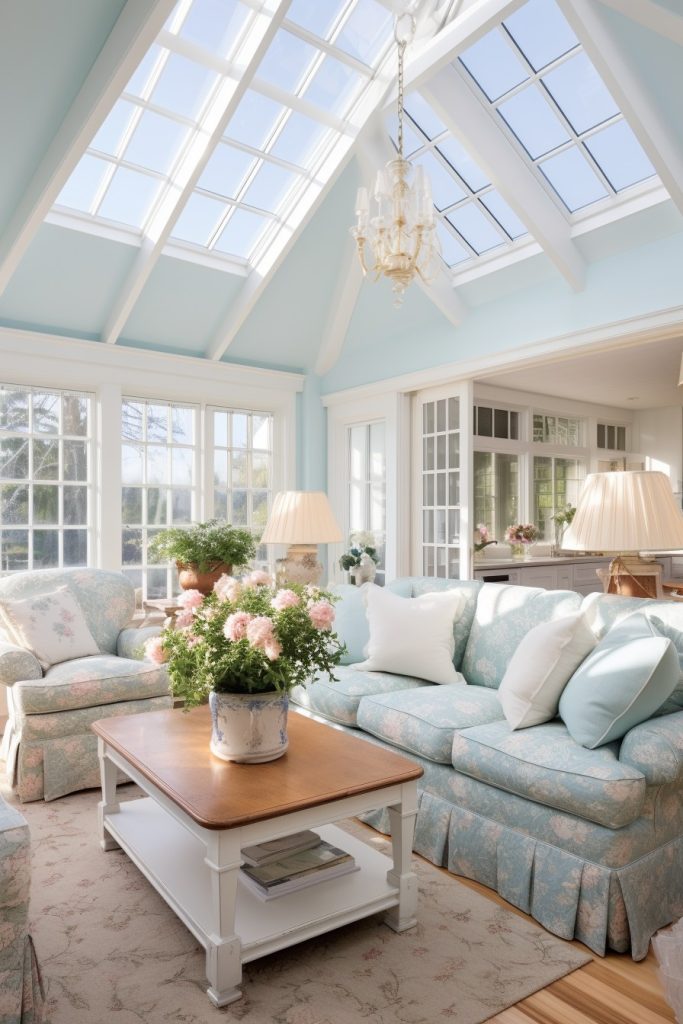 Baby Blue Paradise Charming Farmhouse Living Room --ar 2:3