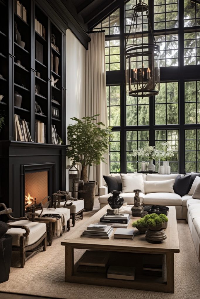 Black, White and Beautiful Charming Farmhouse Living Room --ar 2:3