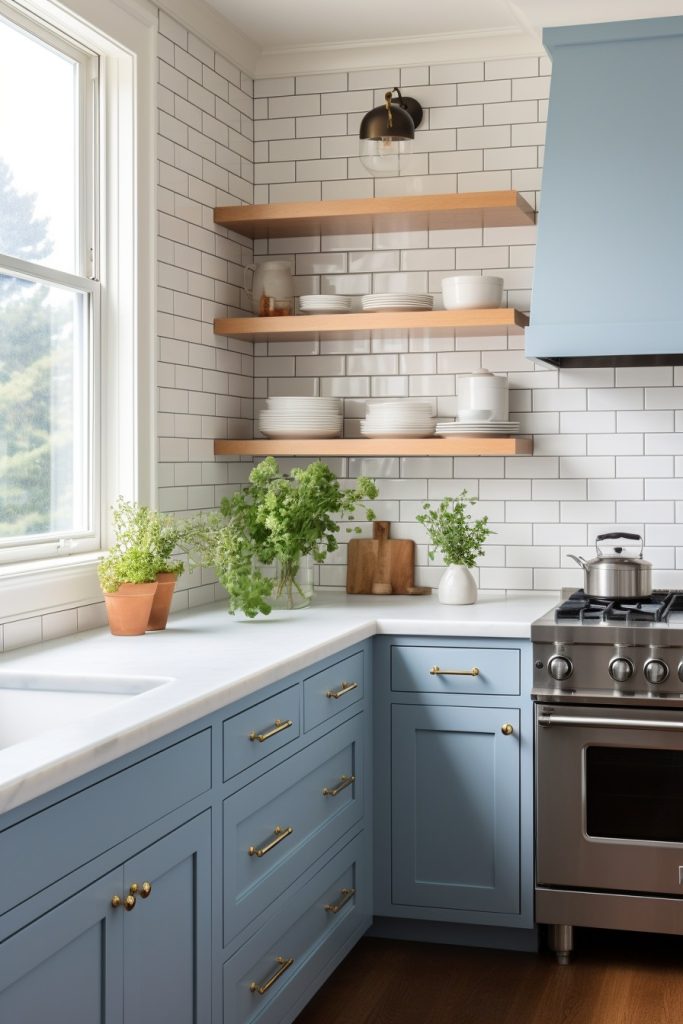 Blue Cabinetry on White Subway Tile Wall Blue Kitchen Cabinets --ar 2:3