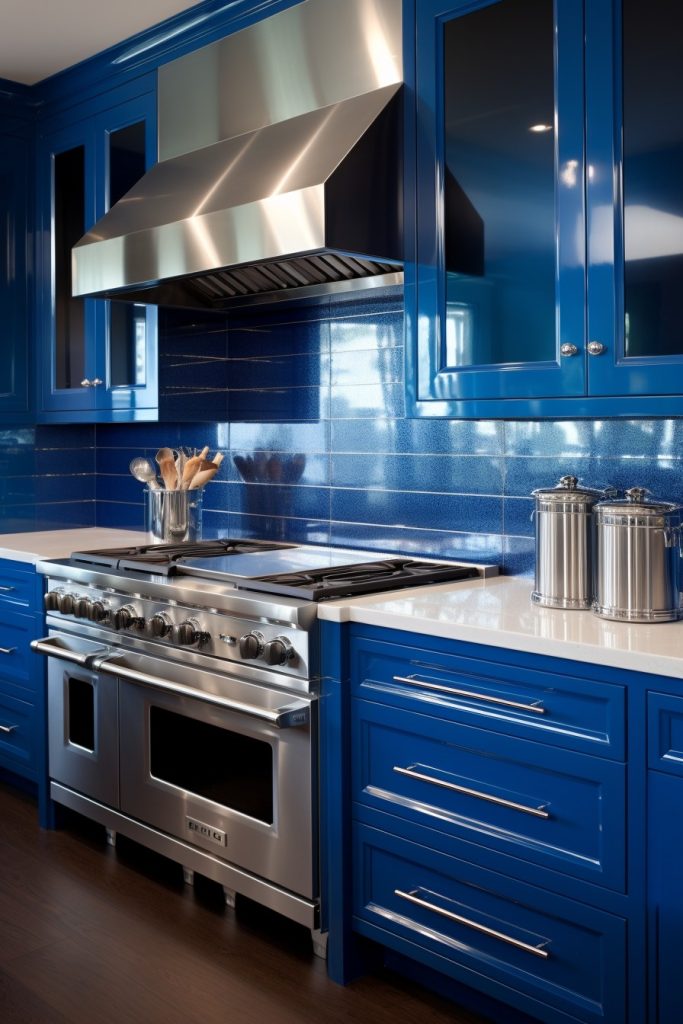 Blue Cabinets in Metallic Kitchen Blue Kitchen Cabinets --ar 2:3