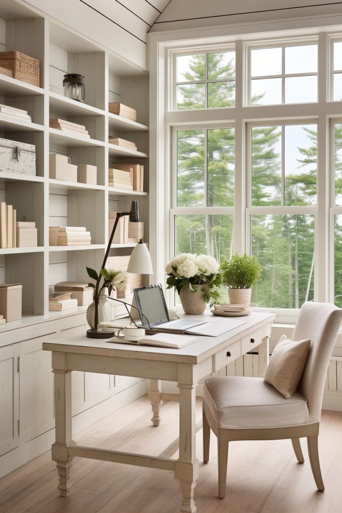 Clean Cottage-Inspired Office Charming Farmhouse Office --ar 2:3