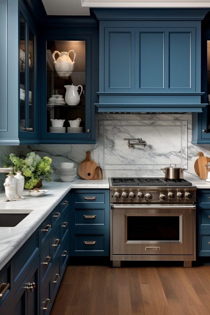 Dark Blue with Marble Blue Kitchen Cabinets --ar 2:3