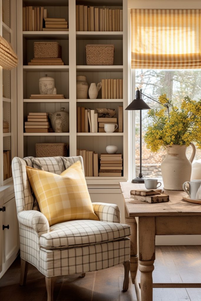 Gingham Textiles Charming Farmhouse Office --ar 2:3