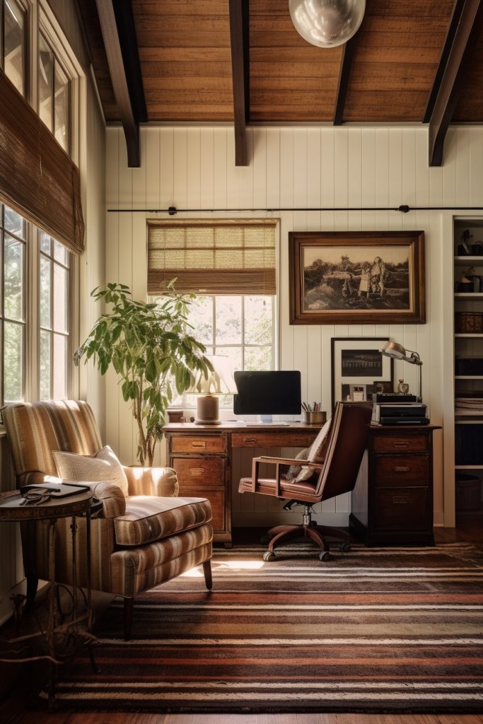 Intimate and Retro Charming Farmhouse Office --ar 2:3