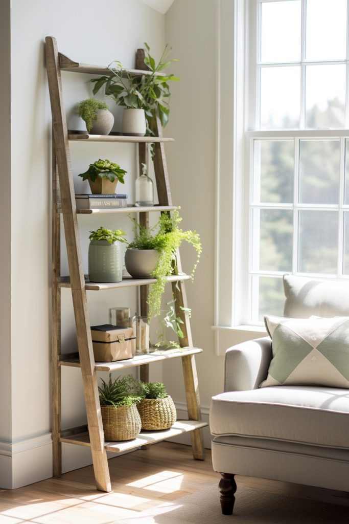 Lovely Ladder Shelf Charming Farmhouse Living Room --ar 2:3