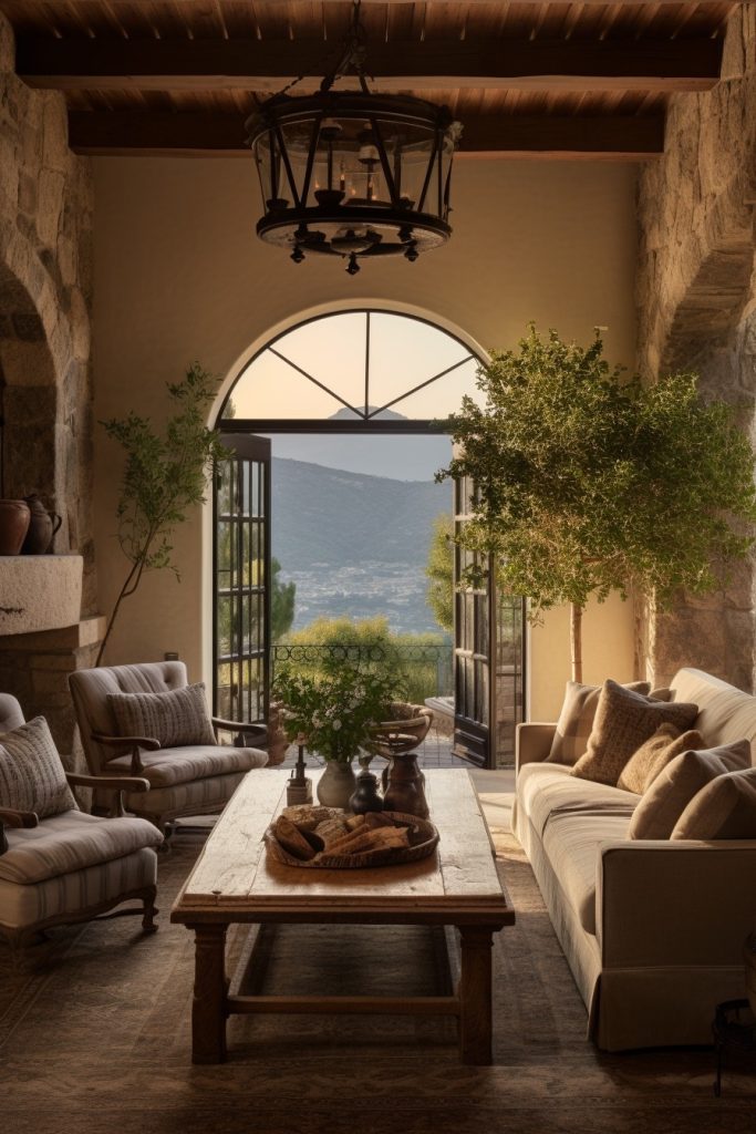 Mediterranean Marvel Charming Farmhouse Living Room --ar 2:3