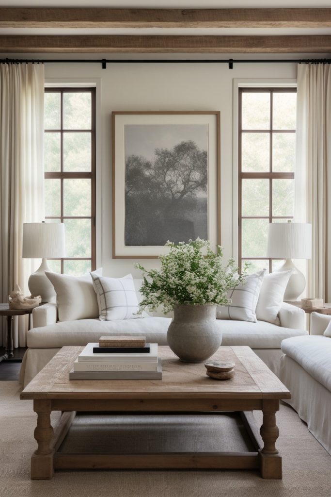 Neutral and Serene Charming Farmhouse Living Room --ar 2:3