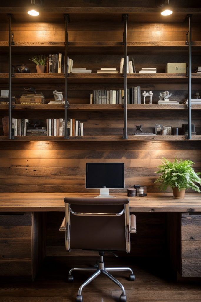 Reclaimed Wood Shelves Charming Farmhouse Office --ar 2:3