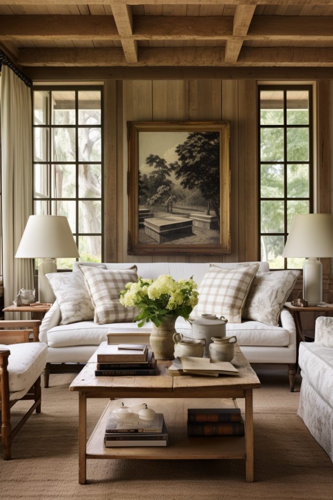 Tastefully Tailored and Tranquil Charming Farmhouse Living Room --ar 2:3