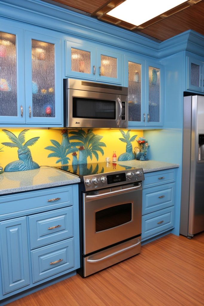 Tiki Island Blue Kitchen Blue Kitchen Cabinets --ar 2:3