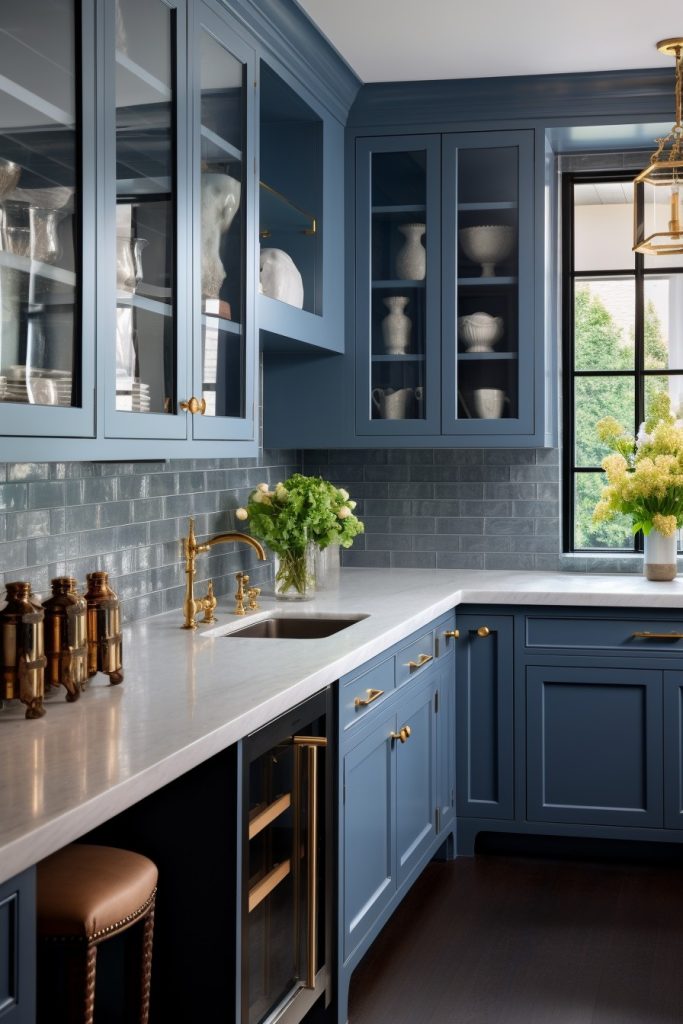 Tile Bar Blue Kitchen Cabinets with Brass Accents Blue Kitchen Cabinets --ar 2:3
