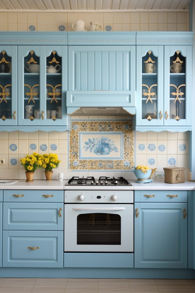 Vintage Kitchen Design Blue Kitchen Cabinets --ar 2:3