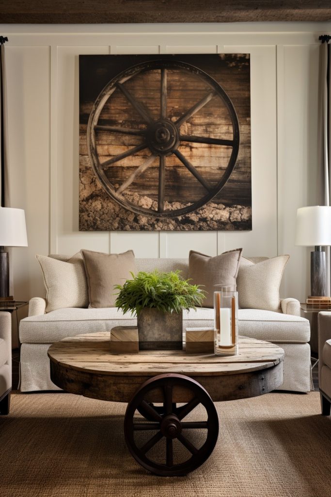 Wagon Wheel Work of Art Charming Farmhouse Living Room --ar 2:3