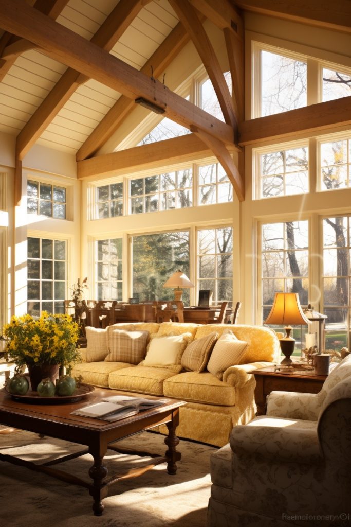 Warm and Sunny Atmosphere Charming Farmhouse Living Room --ar 2:3