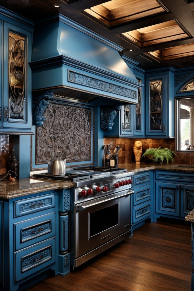 Western Motif Kitchen Blue Kitchen Cabinets --ar 2:3