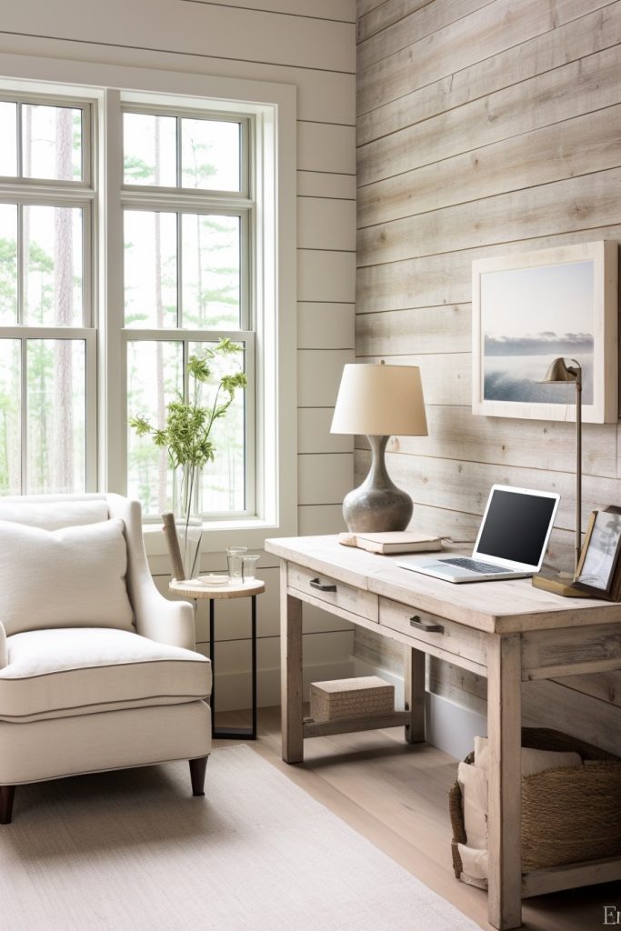 Whitewashed Wood Plank Wall Charming Farmhouse Office --ar 2:3