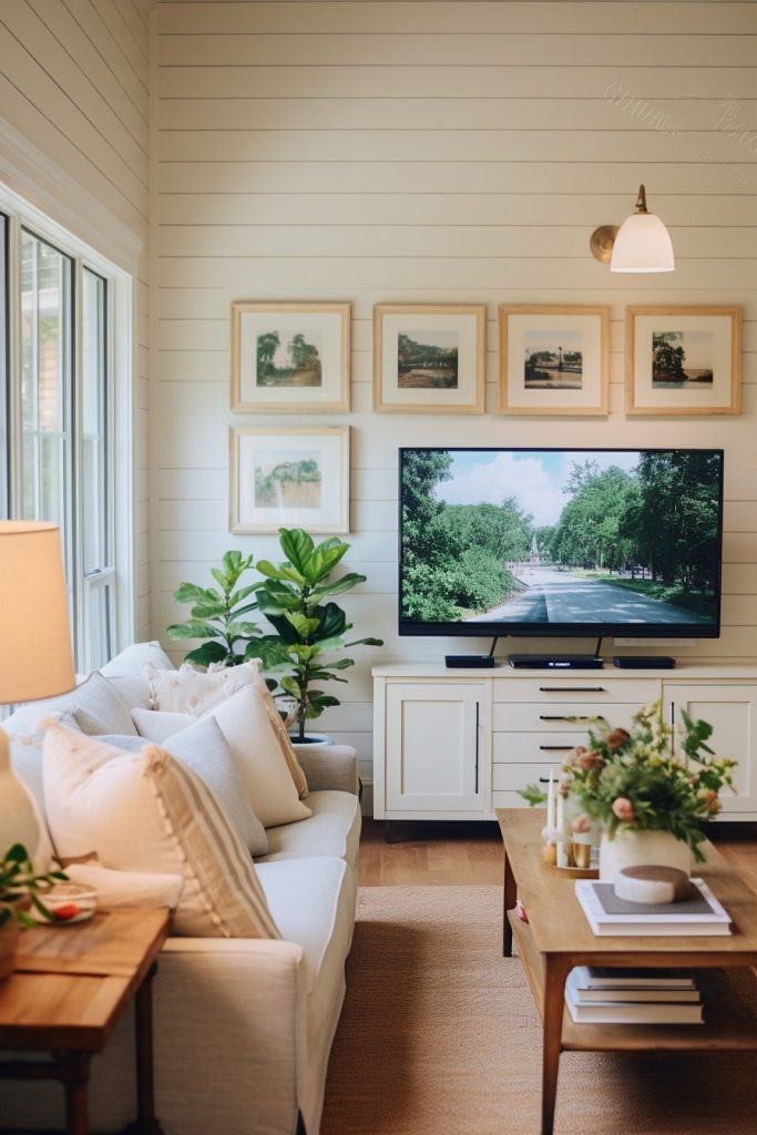 shiplap wall and picture gallery behind TV and lots of plants