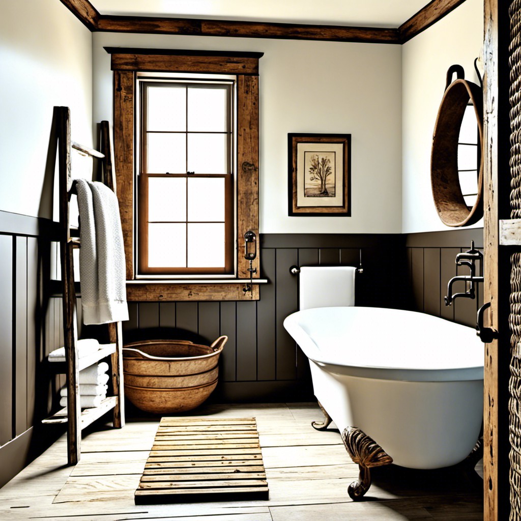 a rustic bathroom design with a distressed ladder towel rack