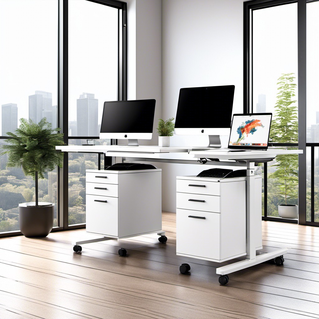 adjustable height desk with filing cabinets on each side