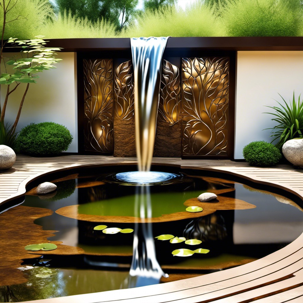 artistic metalwork waterfall into a small reflective pond