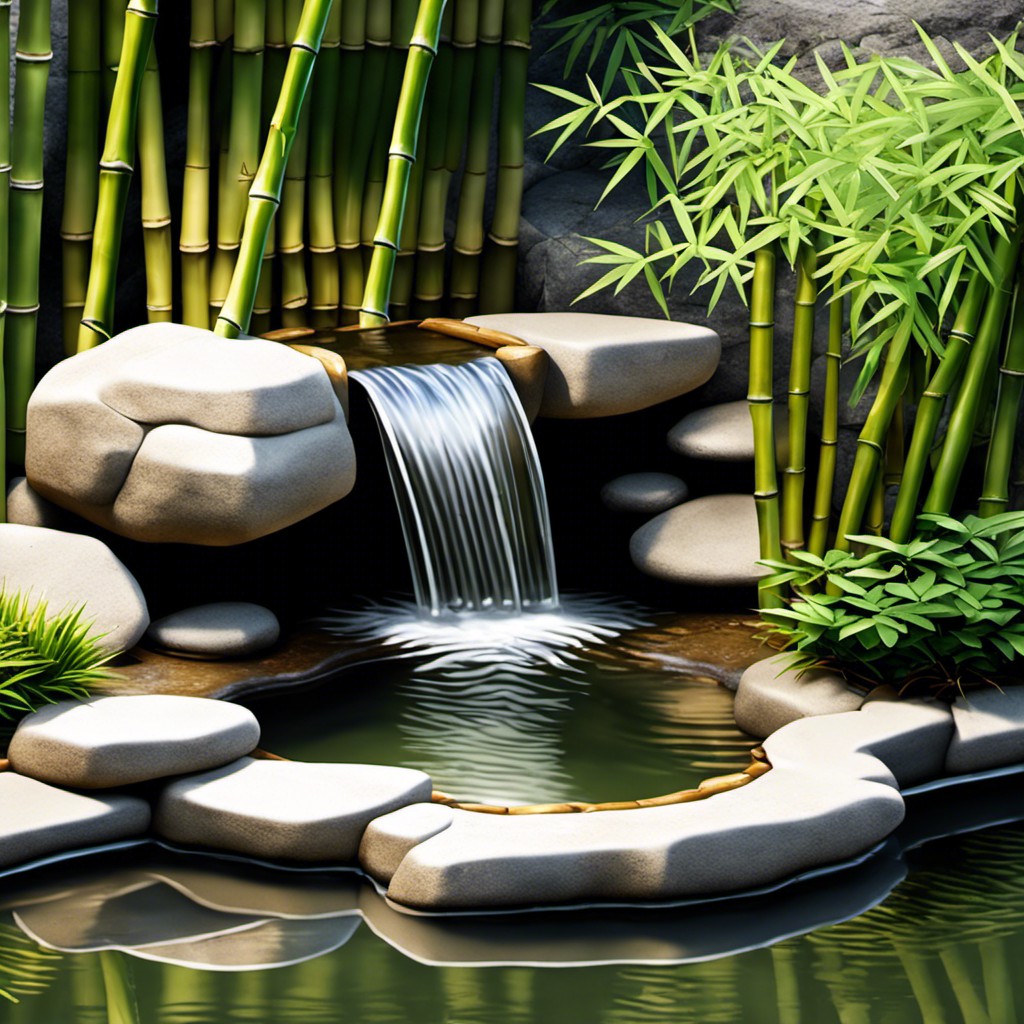 bamboo waterfall feeding into a stone rimmed pond