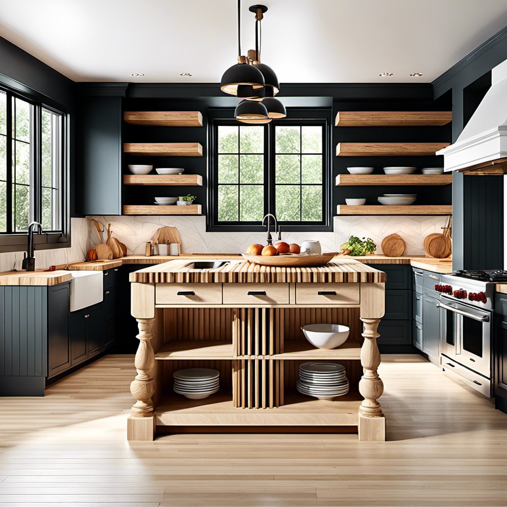 butcher block fluted island with open shelving