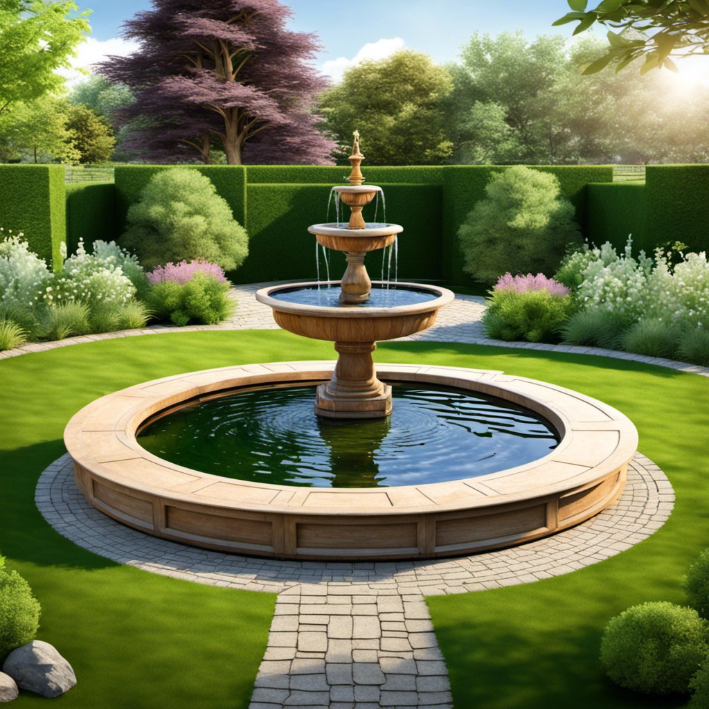 circular garden pond with a central fountain